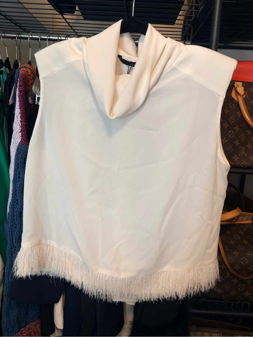 Zara Ivory Fringe Sleeveless Cowl Neck Sweater